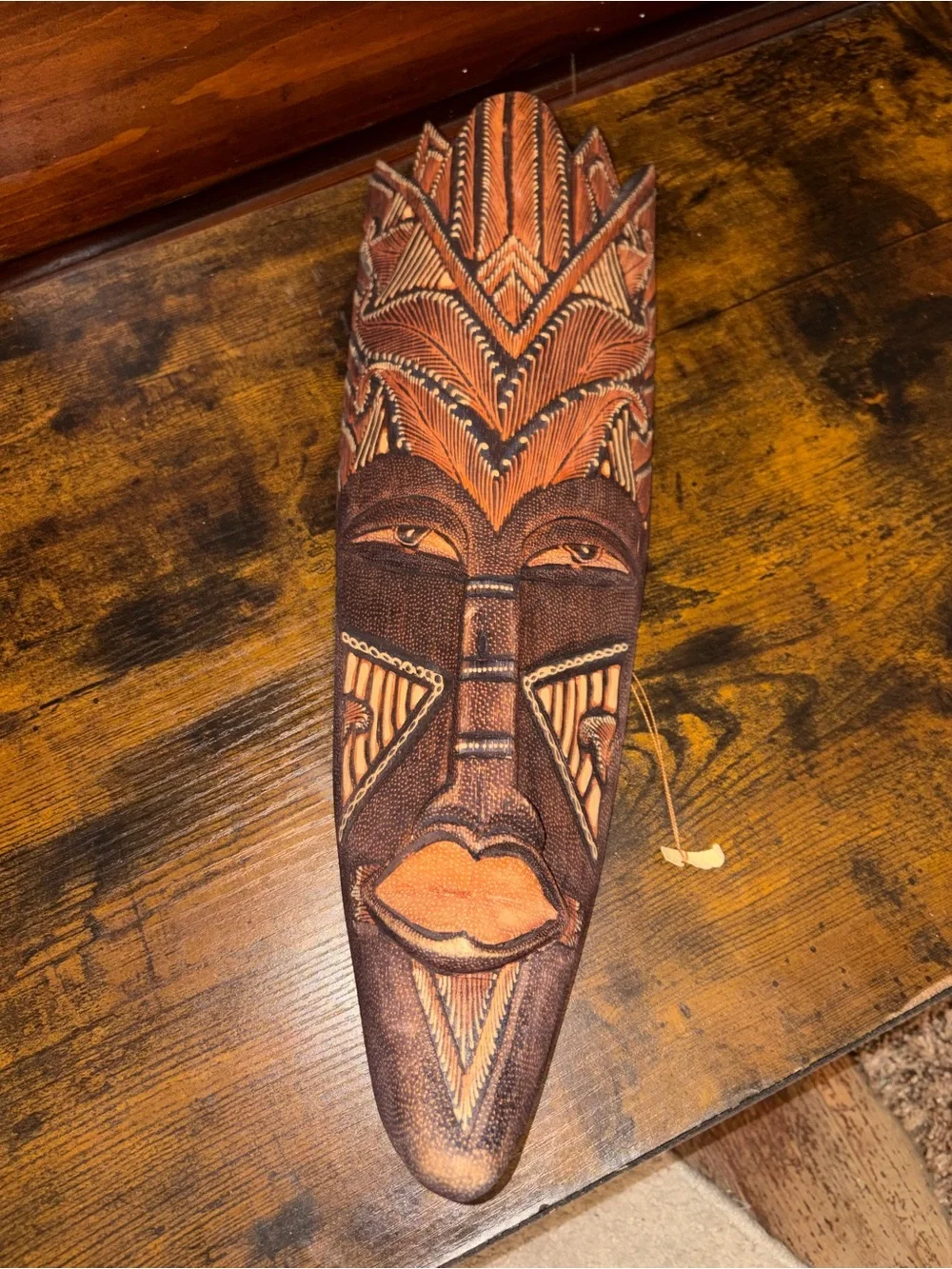Carved Decorative Tribal Mask in Brown and Orange